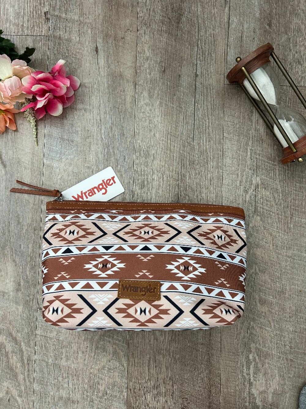 Wrangler Brown Boho Western Aztec Cosmetic Bag Zipper Travel Makeup Case